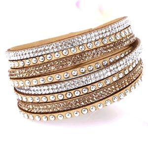 B13 Double Wrap Rhinestone Bracelet Tan Silver Gold Blingy New